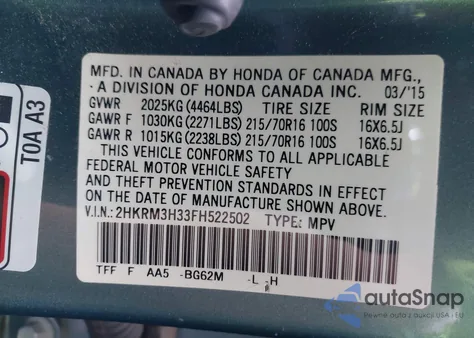 2015 Honda Cr-V Lx from USA, damaged, VIN 2HKRM3H33FH522502